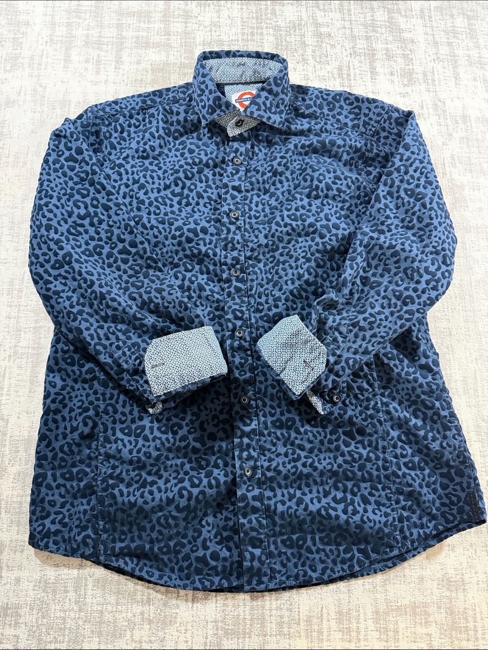 Jermyn & Bond Navy Blue Leopard-Print Long-Sleeve Button-Down Shirt 28X21 PTP